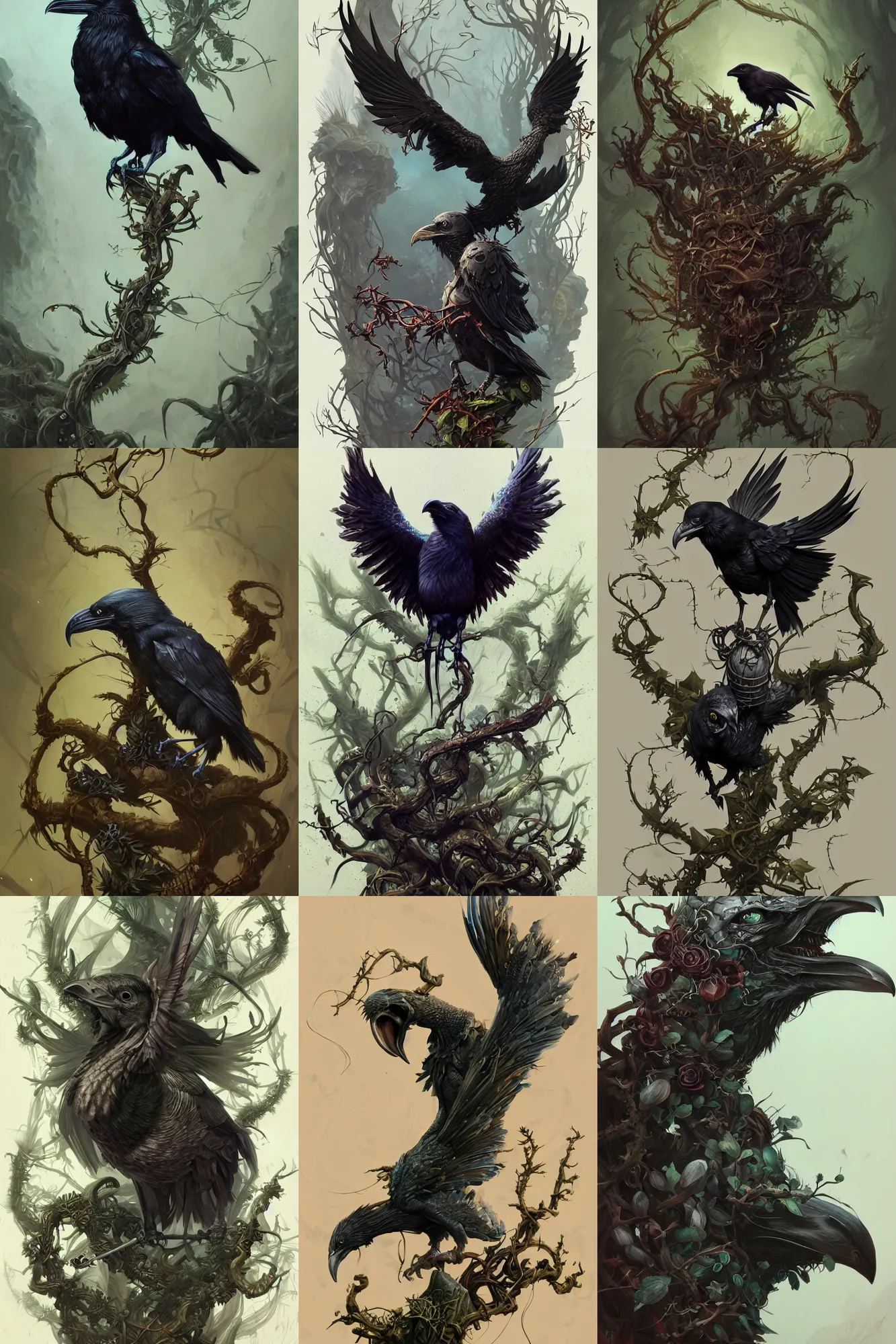 Prompt: Detailing raven on the skull, vines, spines, grass, insanely detailed and intricate, Peter Mohrbacher,, fantasy, detailed illustration, hd, 4k, digital art, overdetailed art, concept art, trending on artstation