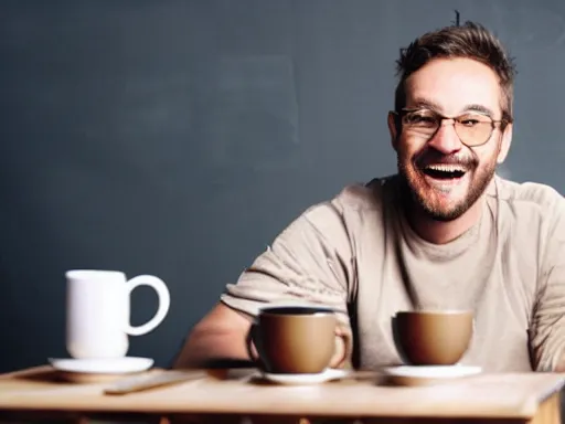 Prompt: a happy man sitting at a table and taking a sip of coffee while his house burns around him