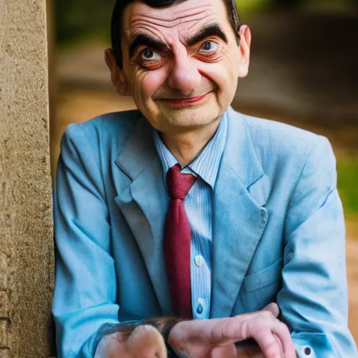 Image similar to A portrait mr bean elizabeth teams up with a teenage mr bean, perfect faces, 50 mm, award winning photography