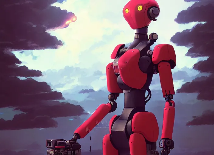 Prompt: portrait of girl piloting mecha humanoid robot, smoky sky background, lush landscape, illustration concept art anime key visual trending pixiv fanbox by wlop and greg rutkowski and makoto shinkai and studio ghibli and kyoto animation, red body suit, military gear, evangelion unit 0 2, grimdark