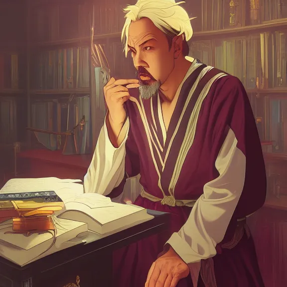 Prompt: fantasy portrait of a wizard procrastinating at his desk!!, wizard robes, in the style of ryan jia, highly detailed. smooth, sharp focus, soft lighting, illstration by ilya kuvshinov and katsura masakazu and alphonse mucha, 8 k