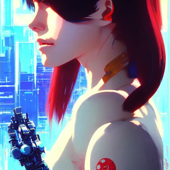 Image similar to side portrait of cyborg girl | | audrey plaza, fine detail!! anime!! realistic shaded lighting!! poster by ilya kuvshinov katsuhiro otomo ghost - in - the - shell, magali villeneuve, artgerm, jeremy lipkin and michael garmash and rob rey