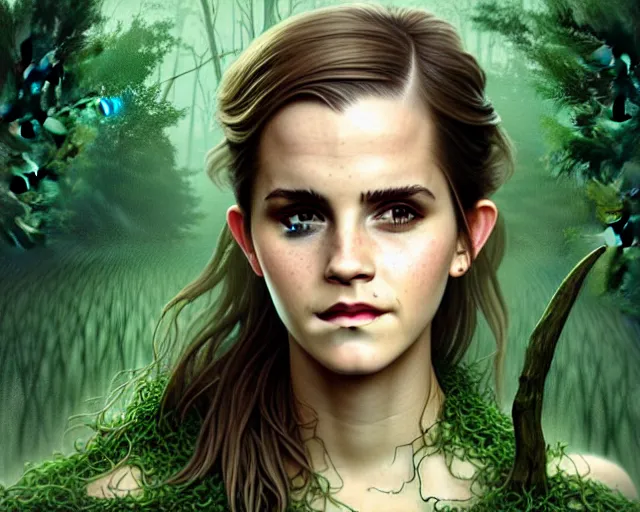 Prompt: mindblowing portrait of emma watson as a swamp witch, green colored skin, deep focus, d & d, fantasy, intricate, elegant, highly detailed, digital painting, artstation, concept art, matte, sharp, illustration, hearthstone, art by artgerm and greg rutkowski and alphonse mucha