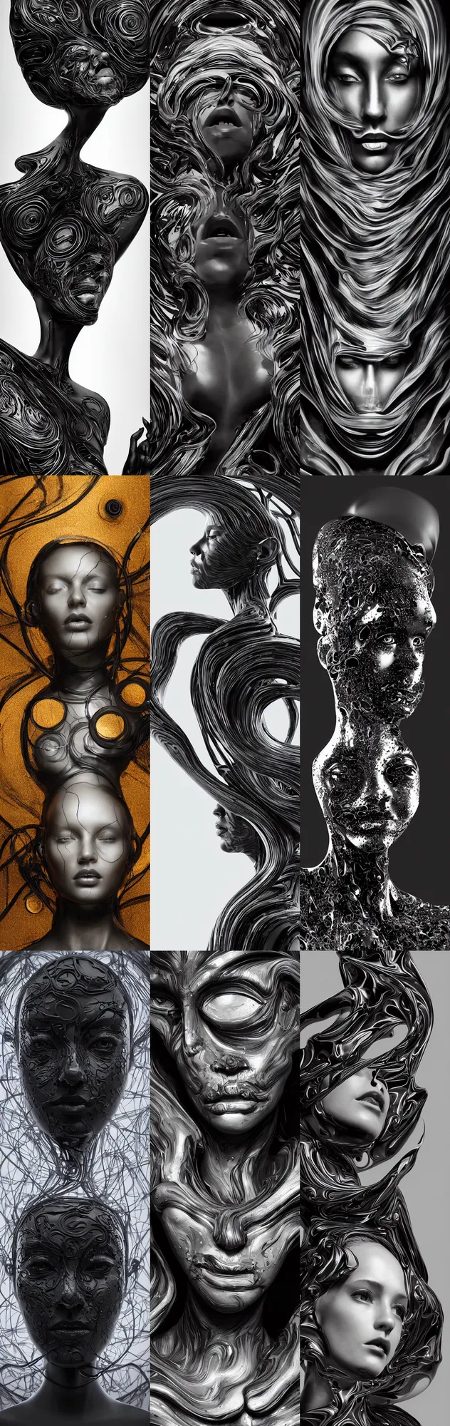 Prompt: epic illustration, digital abstract sculpt of beautiful female face body and black swirling latex acrylic portrait, black latex sculpt, minimalism, mechanical superstructure, sacred geometry, 8 k, cinematic, magic hour, beautiful light, sculpture of carving marble, dark colors, filigree ornaments, one point light, clockwork, epic matte painting, concept art, bokeh, digital painting