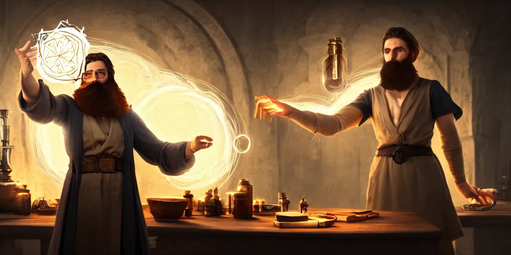 Image similar to scene of a handsome bearded caucasian male sorcerer with brown hair he is casting a spell that is emanating from his hands he is in a alchemist lab, action pose, digital art, photoreal, 4 k, unreal engine