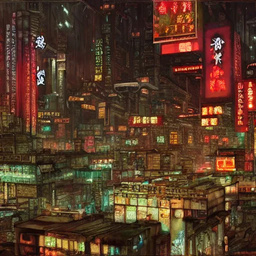 Prompt: Kowloon Walled City cyberpunk, mediumdetailed, night