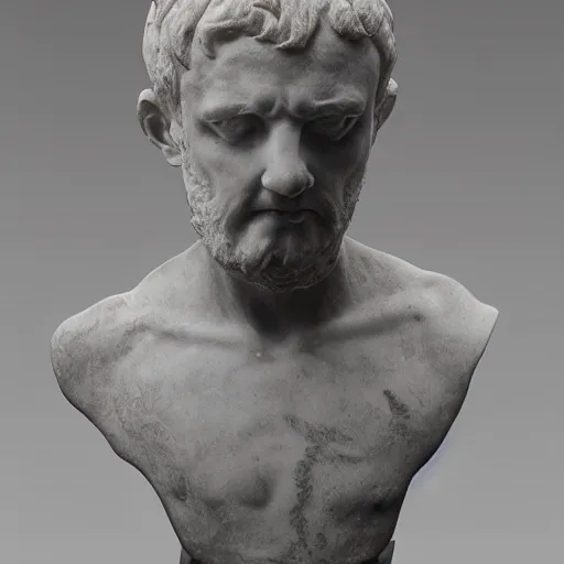 Image similar to ” marble bust of a man in despair, [ facial expression, emotion, face, photoreal, ultra detail, intricate, masterpiece, dslr, museum ] ”