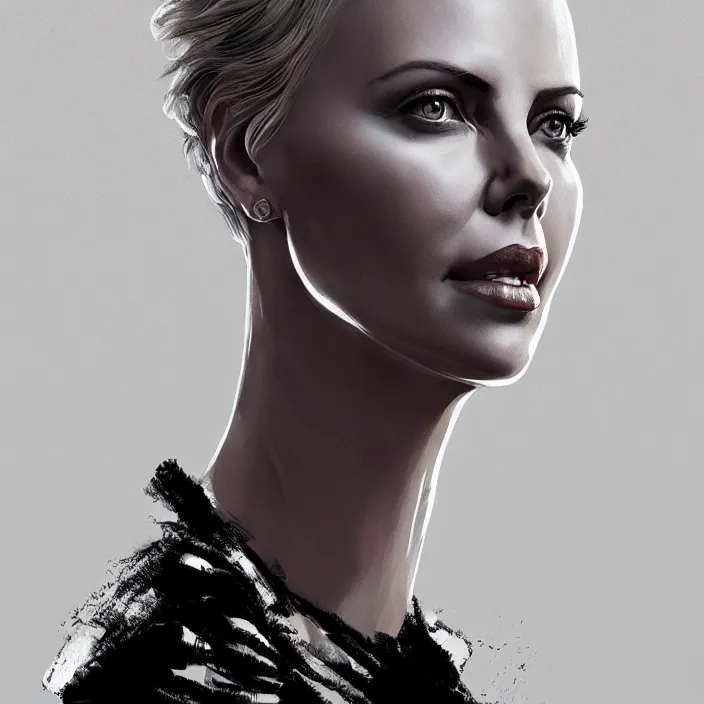 Image similar to portrait of charlize theron in a suit. intricate abstract. intricate artwork. by Tooth Wu, wlop, beeple, dan mumford. octane render, trending on artstation, greg rutkowski very coherent symmetrical artwork. cinematic, hyper realism, high detail, octane render, 8k, iridescent accents