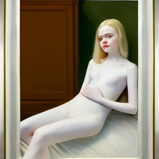 Prompt: Painting of Elle Fanning in the planes of Oblivion, long blonde hair, delicate, pale milky white porcelain skin, by Edward Hopper. 8K. Extremely detailed.