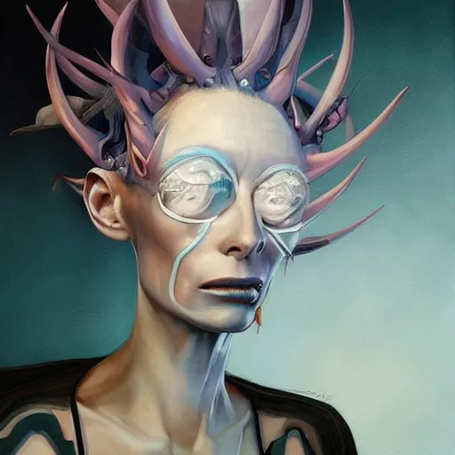 Prompt: Tilda Swinton, Borg queen, peter mohrbacher, highly detailed