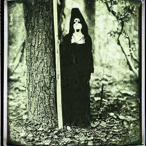 Prompt: scary witch in the woods 1910 Polaroid photo