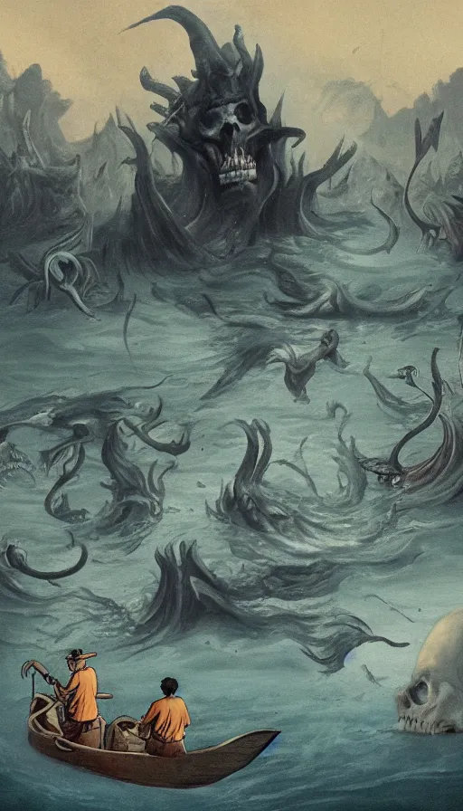 Image similar to man on boat crossing a body of water in hell with creatures in the water, sea of souls, from cryptid academia