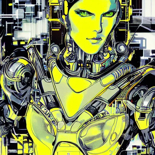 Prompt: portrait of the full-metal kerberos robot Sirius in electrical wired neon yellow-noir outfit, illustration by Yoji Shinkawa, Artgerm, Esao Andrews and Yoshitaka Amano