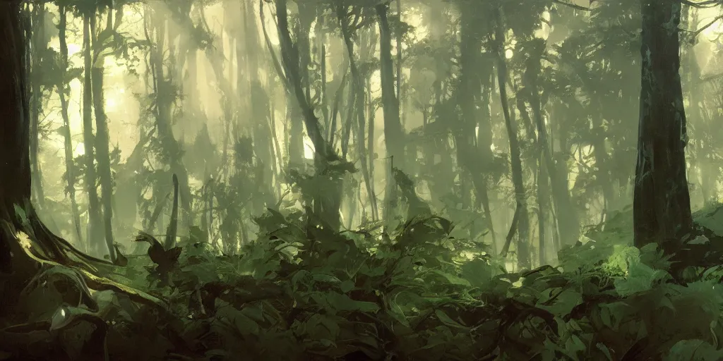 Image similar to animation background painting of a forest, intricate, elegant, highly detailed, greg manchess, mucha, liepke, ruan jia, jeffrey catherine jones, ridley scott