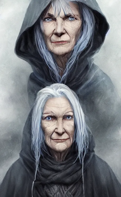 Image similar to an older woman with silver hair and piercing blue eyes. she's wearing a dark, hooded cloak and looks like she knows her way around a sword, dynamic lighting, photorealistic fantasy concept art, trending on art station, stunning visuals, creative, cinematic, ultra detailed