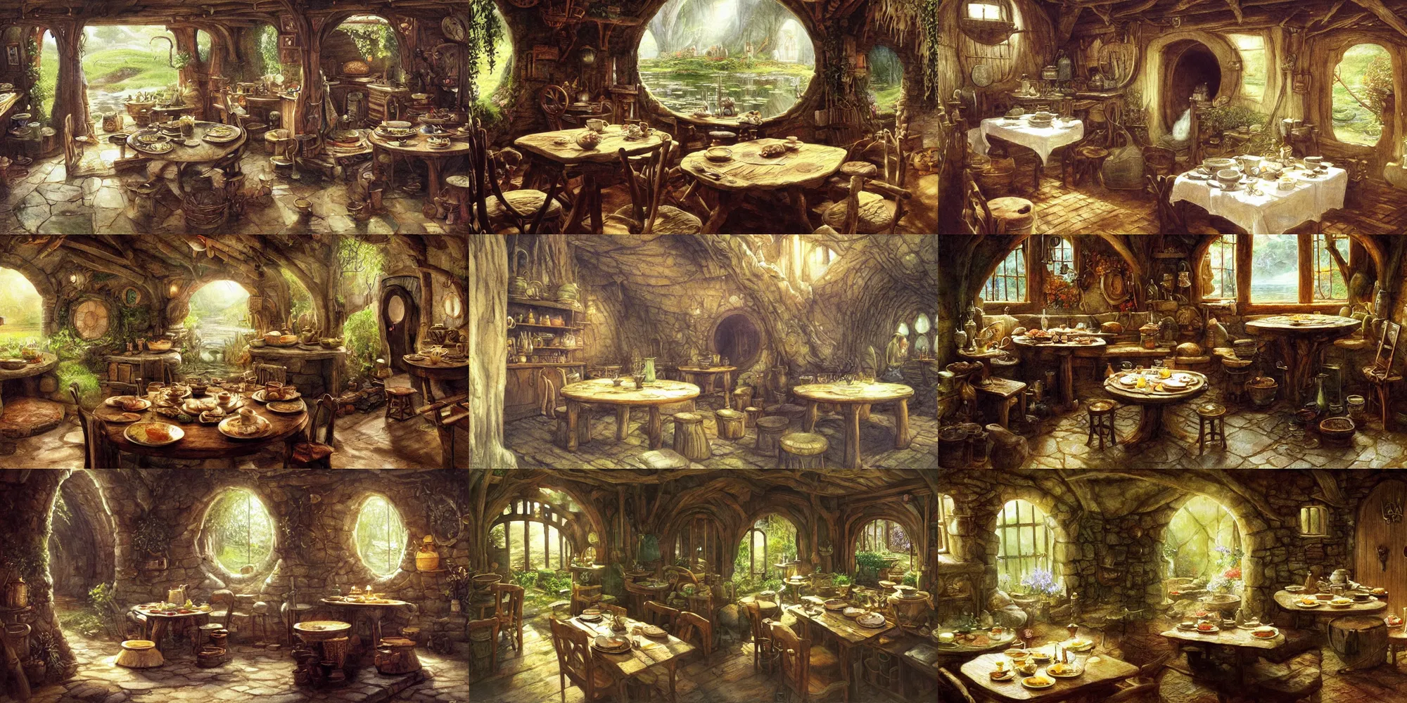 Prompt: interior of a hobbit hole, table set for second breakfast, steaming teacups and pies cover the table, by alan lee, art station, dust flickers in beams of light from the windows, finely detailed furniture, warm colors, lotus flowers on a pond outside, oil painting