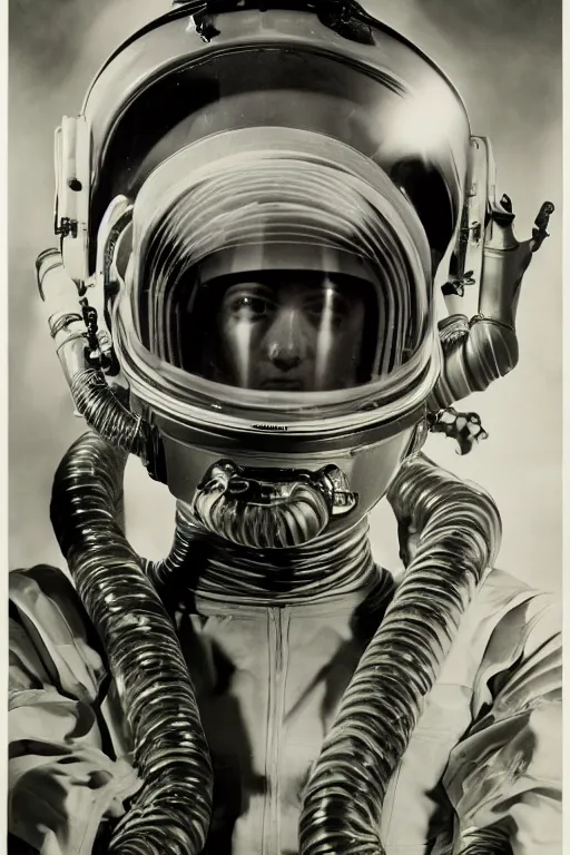 Prompt: extremely detailed studio portrait of space astronaut, alien tentacle protruding from eyes and mouth, slimy tentacle breaking through helmet visor, shattered visor, full body, soft light, disturbing, shocking realization, hyper detailed, award winning photo by george hurrell