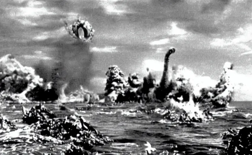 Image similar to a filmstill of Kim Jong-il and a starfish monster destroying Pyongyang, in Godzilla (1954) by Ishirō Honda, epic ultrawide shot, cinémascope