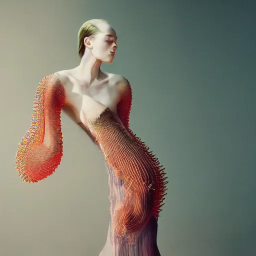 Image similar to Fashion photography of a woman wearing a dress inspired by a jellyfish, artistic photography, insanely detailed, chiaroscuro, cinestill 800t, Vogue magazine