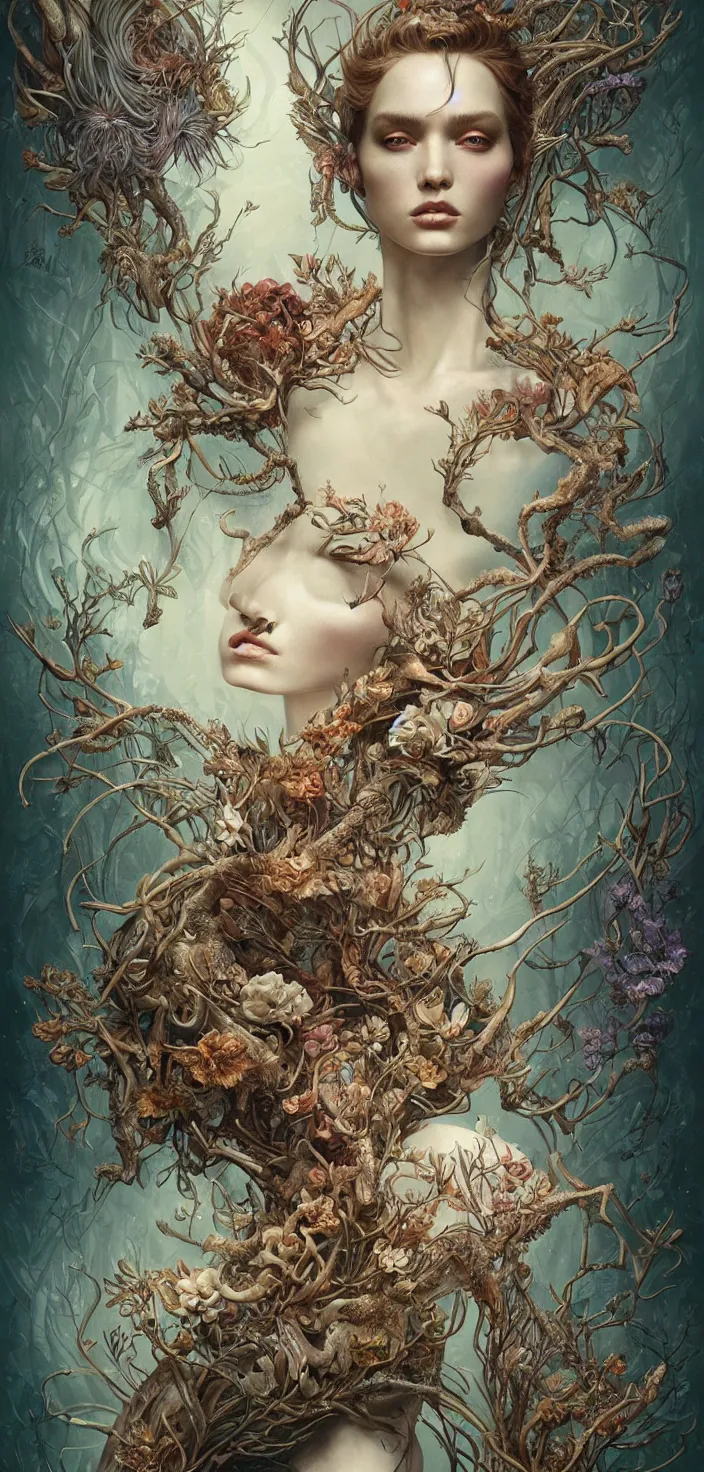 Prompt: exquisite, imaginative extremely intelligent creature poster art, humanoid, vogue, anthro, botanical illustration by weta studio and james gurney and tom bagshaw and james jean