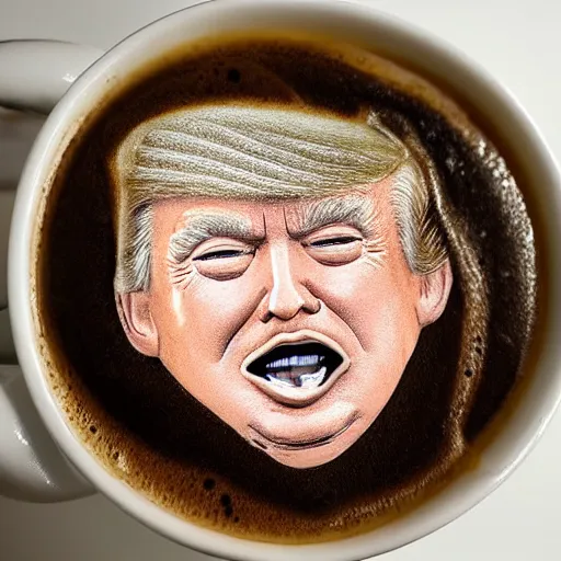 Image similar to donald trump as foam latte art, in coffee cup photorealistic