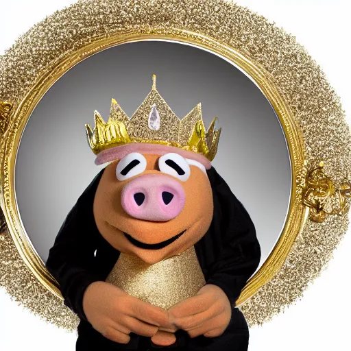 Image similar to pig hiker wearing a gold crown as a Muppet holding a silver platter 8k