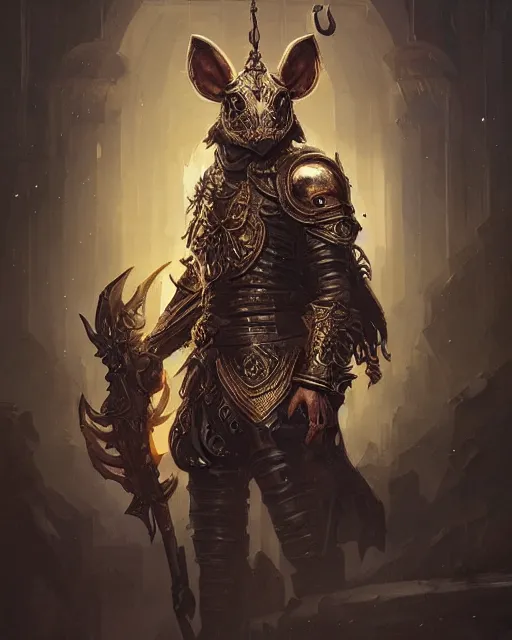 Prompt: highly detailed champion paladin rat portrait in black gold intricate and ornate armor, unreal engine, fantasy art by ruan jia, greg rutkowski, loish, rhads, makoto shinkai and lois van baarle, ilya kuvshinov, rossdraws global illumination, radiant light, detailed and intricate environment