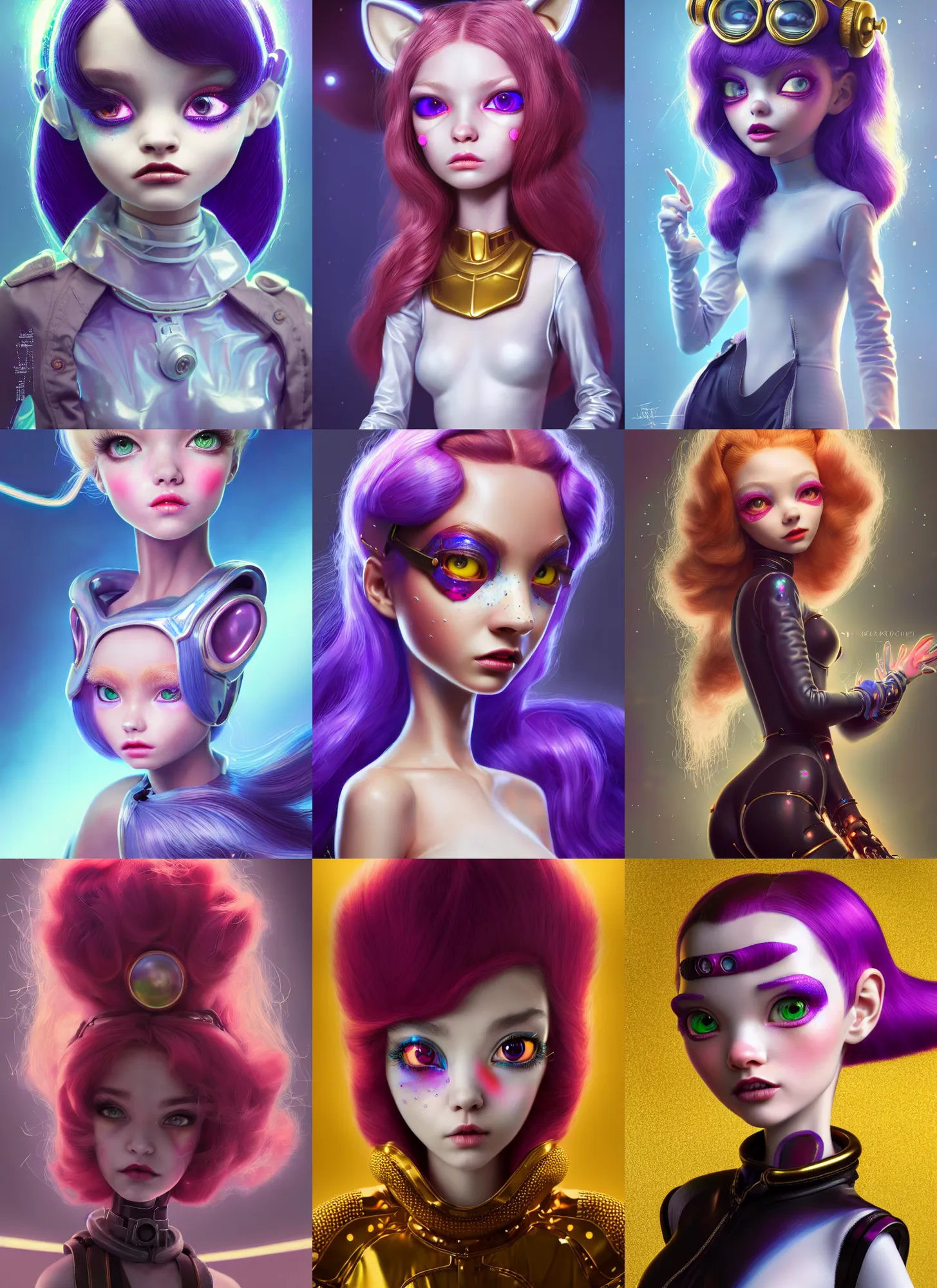 Prompt: pixar portrait 8 k photo, beautiful shiny white porcelain rich galactic catgirl clowncore russian cyborg college girl, golden ratio details, sci - fi, fantasy, cyberpunk, intricate, decadent, highly detailed, digital painting, ever after high, octane render, artstation, concept art, smooth, sharp focus, illustration, art by artgerm, loish, wlop