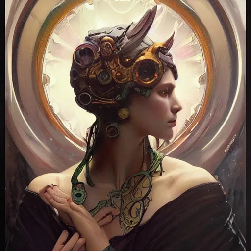 Prompt: an acrylic on canvas portrait painting of a beautiful alien priestess by Greg Rutkowski, Artgerm and Alphonse Mucha. Epic fantasy art.