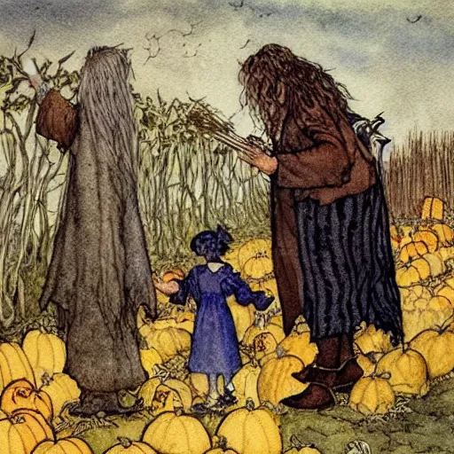 Prompt: a watercolor and ink illustration of hagrid and harry in a pumpkin patch by arthur rackham and edmund dulac