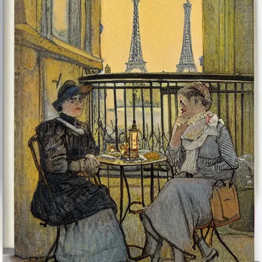 Image similar to two young edwardian women sit outside a cafe in paris at night, the moon is in the sky, the eiffel tower is visible in the background, in the style of carl larsson