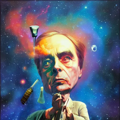Prompt: an epic oil painting of carl sagan smoking a bong on the show cosmos, galaxies, nebulae, hubble, james webb space telescope, digital painting bioluminance / n 4