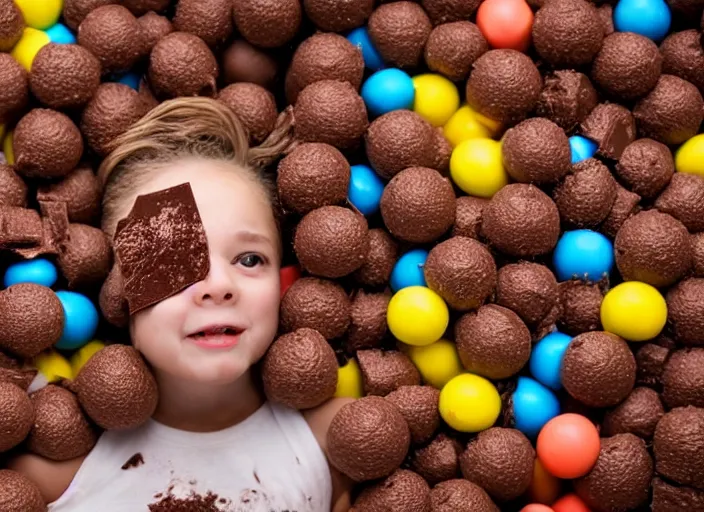 Image similar to photo still of in a ball pit filled with chocolate pudding!!!!!!!! at age 4 6 years old 4 6 years of age!!!!!!!! hiding from parents, 8 k, 8 5 mm f 1. 8, studio lighting, rim light, right side key light