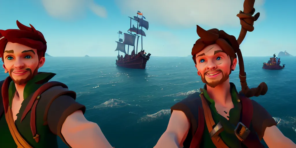 Image similar to selfie of peter pan as a sea of thieves character, sea of thieves screenshot, storm, unreal engine, digital art