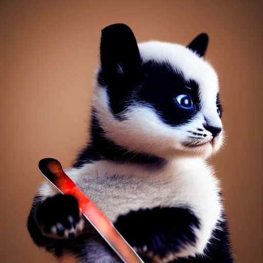 Image similar to cute kitten with panda body and cat face, in a kimono, holds a sword, highly detailed, sharp focus, photo taken by nikon, 4 k