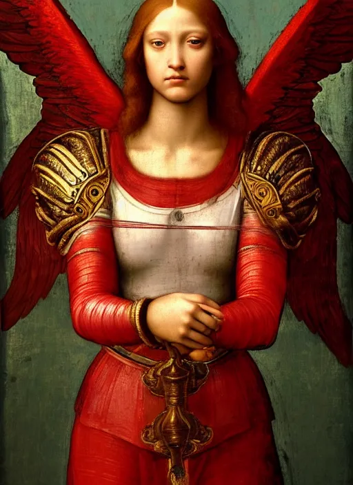 Image similar to a beautiful intricate renaissance painting portrait of a bulky short haired man angel aasimar paladin knight in an ornate completely red heavy armor with a shining heavenly sword and giant blue wings, by Raphael, Leonardo DaVinci, great masterpiece, award winning historic painting, dynamic composition, trending on artstation,4k, 8k