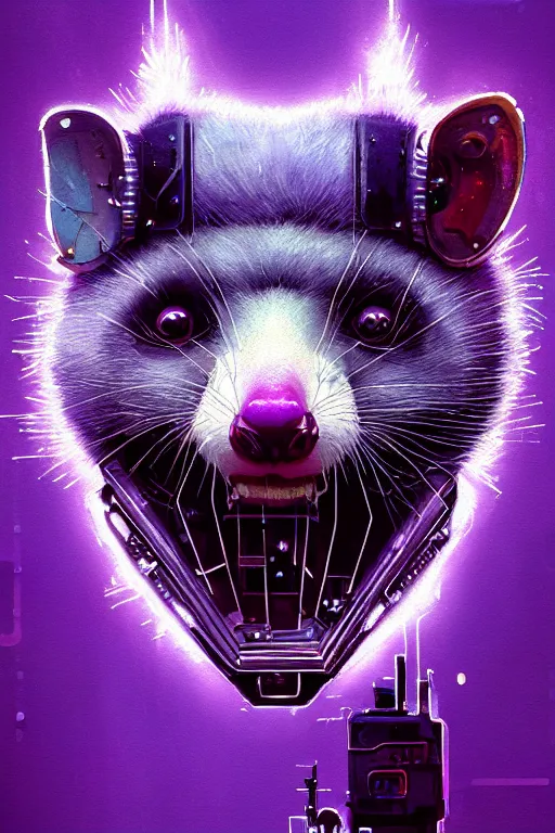 Image similar to a beautiful portrait of a cute cyberpunk opossum screaming by sandra chevrier and greg rutkowski and wlop, purple blue color scheme, high key lighting, volumetric light, digital art, highly detailed, fine detail, intricate, ornate, complex, octane render, unreal engine, photorealistic