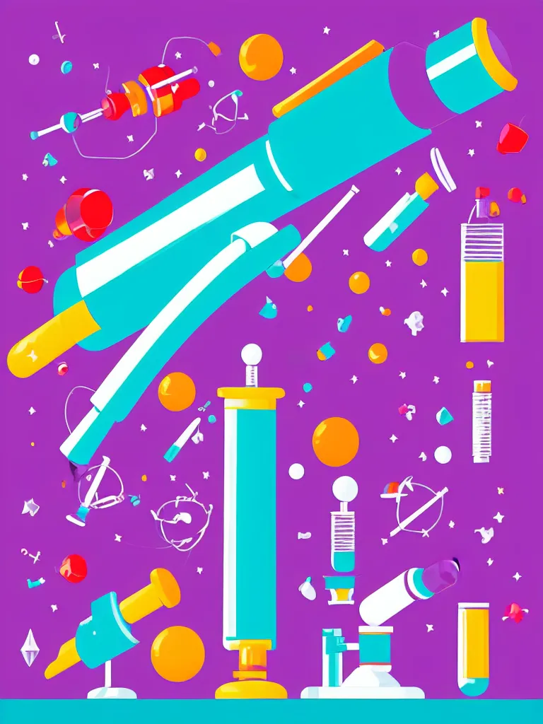 Image similar to editorial illustration scientific lab test tube telescope microscope spaceship, colorful modern, mads berg