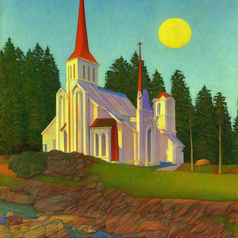 Image similar to church building, painted by Edward Hopper, painted by Anton Bilibin, surrealism, airbrush