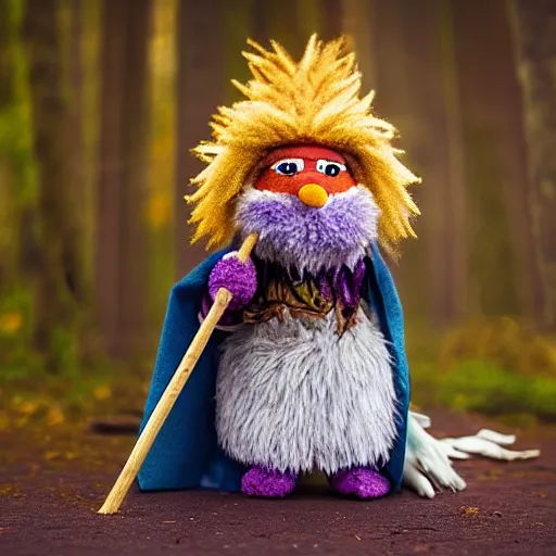 Image similar to foxfolk wizard druid as a fluffy chibi muppet plush wearing a wizard cloak and holding a staff made from a stick with an amethyst gemstone tied at the top, photorealistic, photography, national geographic, sesame street