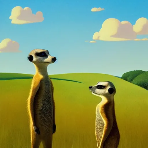 Image similar to goro fujita ilustration a meerkat in profile looking over the meadow, on a sunny day by goro fujita, painting by goro fujita, sharp focus, highly detailed, national geographic