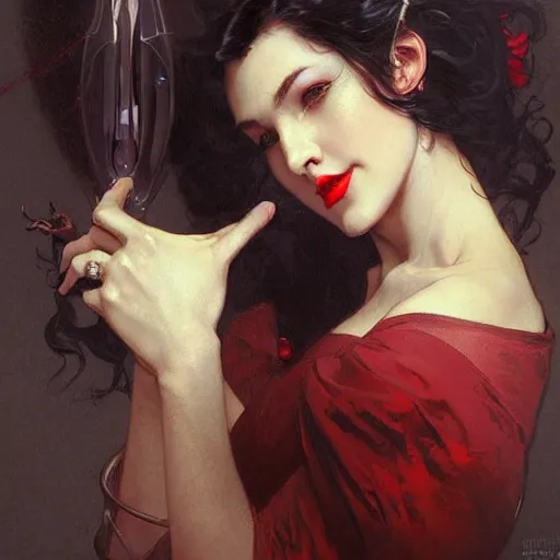 Image similar to portrait of a beautiful vampire by Stanley Artgerm Lau , greg rutkowski, thomas kindkade, alphonse mucha, loish, norman rockwell, J. C. Leyendecker. dark black hair, pale skin, detailed eyes, red lips, facing the camera. Trending on artstation rule of thirds detailed illustration hd 4k