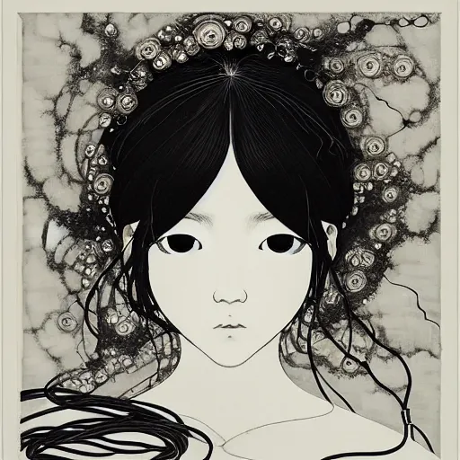 Prompt: prompt: Balck and white Fragile looking vessel portrait face drawn by Katsuhiro Otomo, beautiful girl in lake with shining face super detailed, nymph in the water performing alchemy, small flowers and cables and wire around and on the side with artifacts and ancient book, intricate oil painting, soft light, white background, intricate detail, intricate oil painting detail, sharp high detail, manga and anime 2000