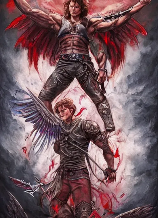 Image similar to high Fantasy Sam Winchester is a muscular armoured angel holding swords angei wings wide open, teared apart T-Shirt and jeans, red Sneakers, whole body tattooed with runes and satanic symbols, D&D!, fantasy style, sharp focus!, ultra detailed, art by Artgerm and Peter Andrew Jones, WLUP