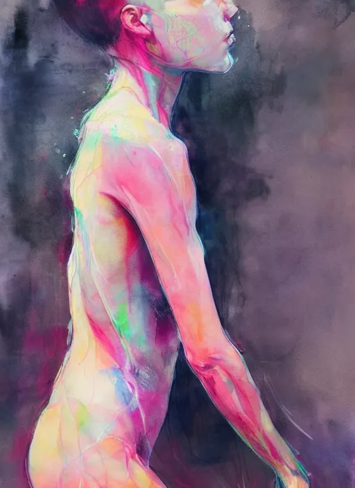 Image similar to gorgeous woman in short by agnes cecile, view from back, bent - over posture, half body portrait, extremely luminous bright design, pastel colours, ink drips, autumn lights