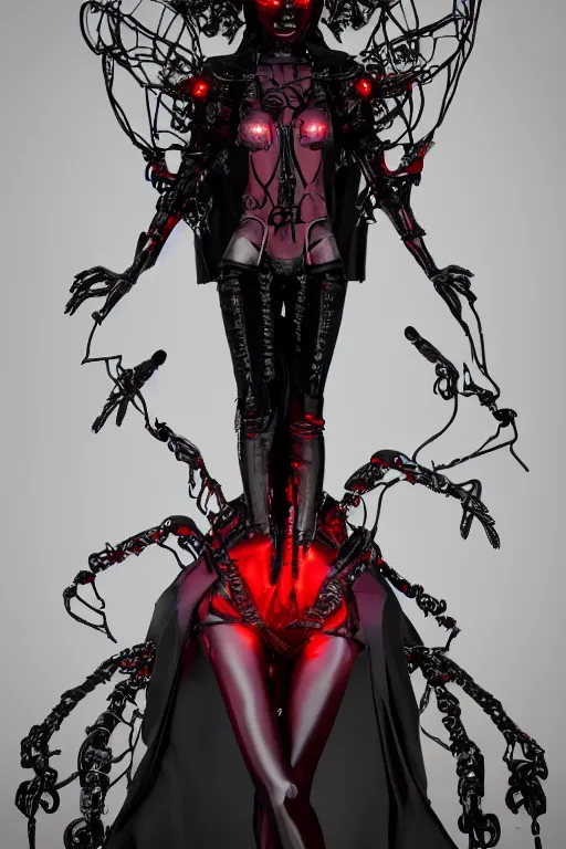 Image similar to full-body cyberpunk style sculpture of a young beautiful dark priestess, half android with a head opening exposing circuitry, glowing red eyes, black roses, flowing blood red colored silk, fabric, candles. baroque elements, human skull. full-length view. baroque element. intricate artwork by caravaggio. crows flying in background. Trending on artstation, octane render, cinematic lighting from the right, hyper realism, octane render, 8k, depth of field, 3D