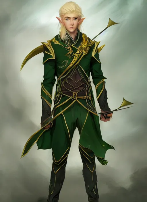 Image similar to Half-body of a handsome blonde elven ranger in green and gold jacket with a crossbow. In style of Hyung-tae Kim and Greg Rutkowski, concept art, trending on ArtStation, Korean MMORPG, over-detailed art, 4K, epic, dynamic lightning, dramatic pose.