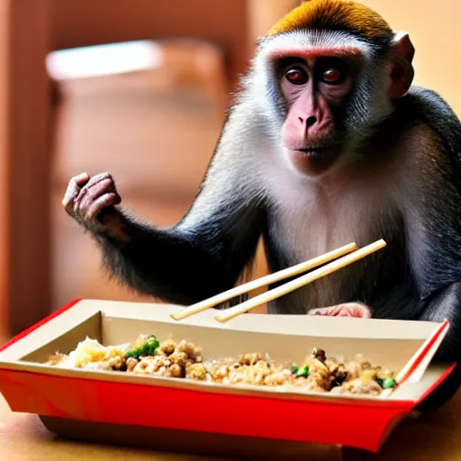 Image similar to Monkey eating Chinese food from a box using chopsticks