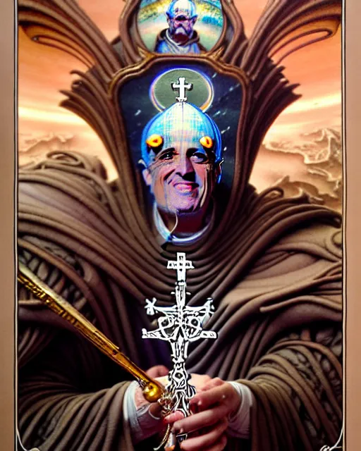 Image similar to the pope tarot card, fantasy character portrait made of fractals, ultra realistic, wide angle, intricate details, the fifth element artifacts, highly detailed by peter mohrbacher, hajime sorayama, wayne barlowe, boris vallejo, aaron horkey, gaston bussiere, craig mullins