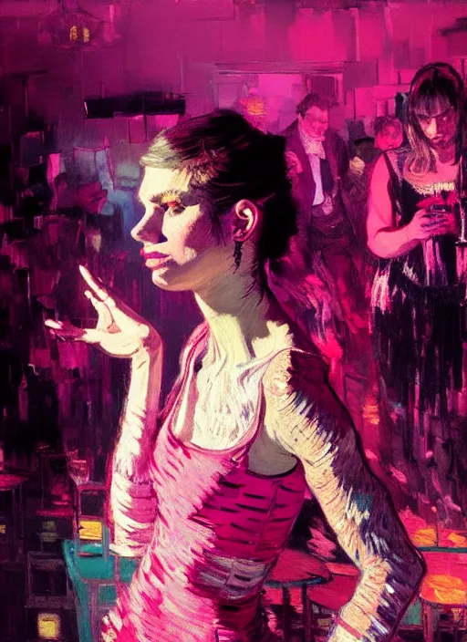 Prompt: nightclub portrait of a beautiful girl, ecstatic dancing, eyes closed, shades of pink, beautiful face, rule of thirds, intricate outfit, spotlight, by greg rutkowski, by jeremy mann, by francoise nielly, by van gogh, digital painting